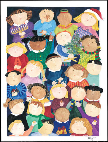 Children from many lands gather together to celebrate the holidays in this hand-painted original artwork