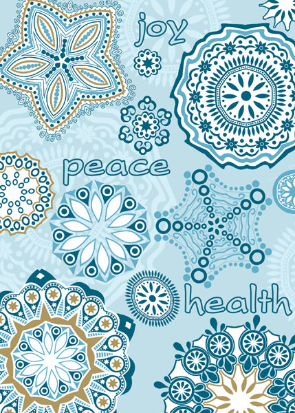 Contemporary designs in subtle shades of blue surround themes of holiday wishes: Health, Peace, Joy