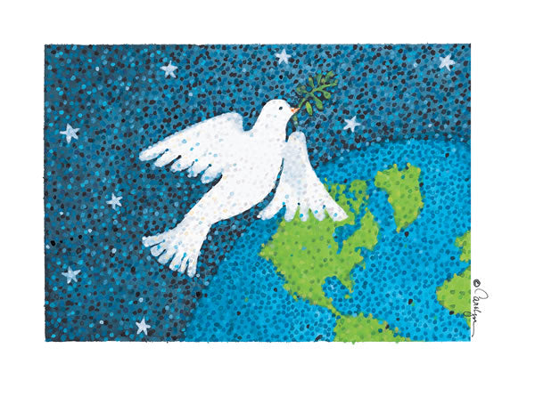 This contemporary dove soars gracefully above the earth signifying peace to all