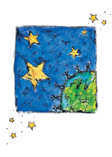 Artistic renderings of mankind reach toward stars representing peace and hope in this original artwork