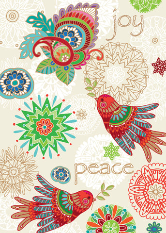Meticulously detailed colorful birds combine with intricate holiday symbols in this sophisticated design promoting wishes of joy and peace.