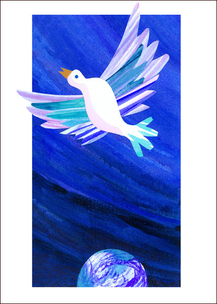 A contemporary dove symbolizing peace dwarfs the earth below in this original collage