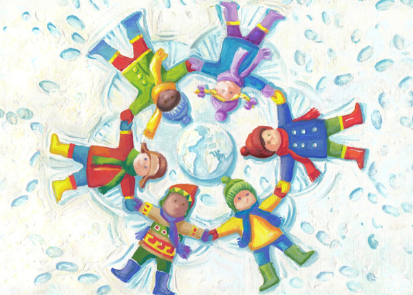 Children of the world make snow angels in this original painting