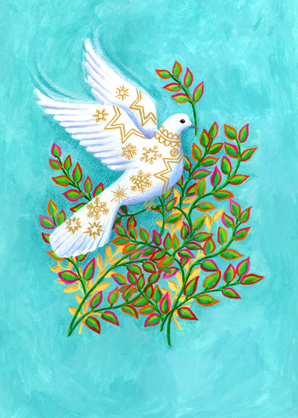 A symbol of universal world peace, a white dove landing upon olive branches creates a sophisticated holiday card perfect for corporate or personal use