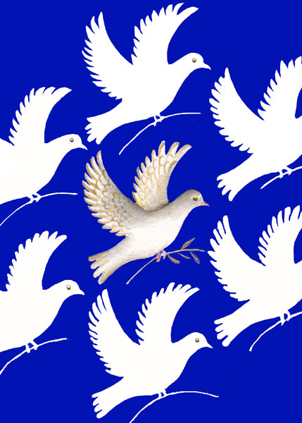 A formation of peace doves surround a gold-highlighted dove in the center of the design.