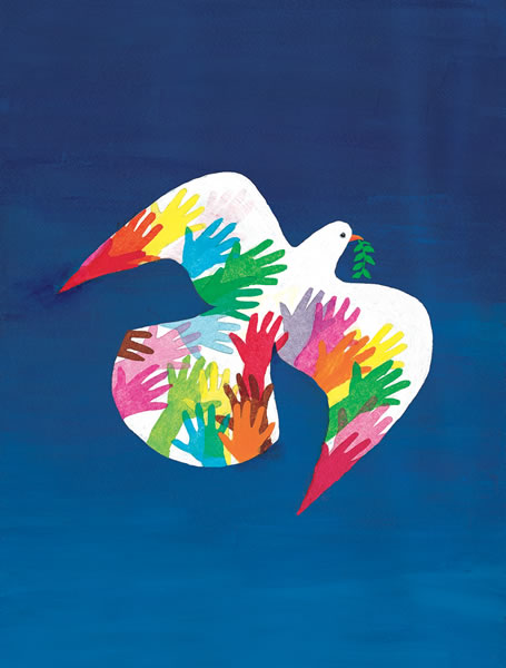 A collage of hands, representing all people of the world, fill thy outline of a peace dove in this original image