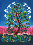 Doves alight in unison from the Tree of Peace in this original painting