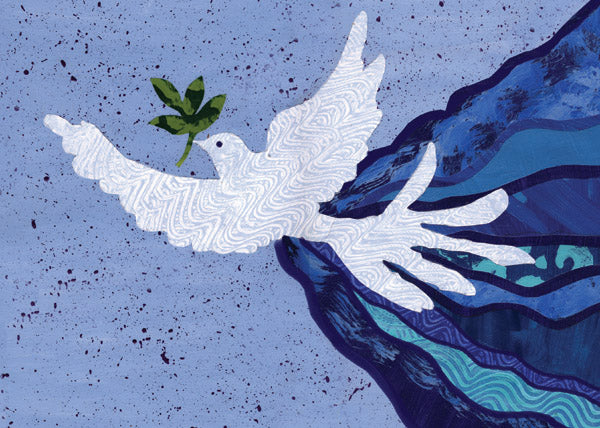 This contemporary collage features a dove symbolically stretching its wings to envelop the world in peace.