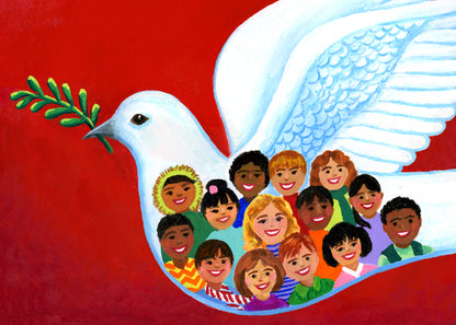 The world's children are all smiles surrounded by a quintessential symbol of peace, a white dove