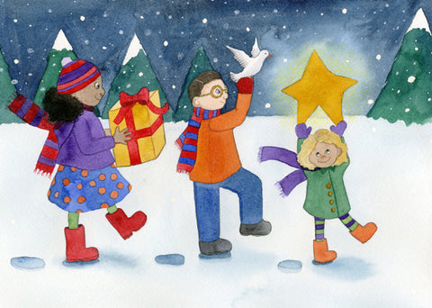 Holiday gifts of peace, joy and happiness are portrayed by three friends on an evening walk in the snow